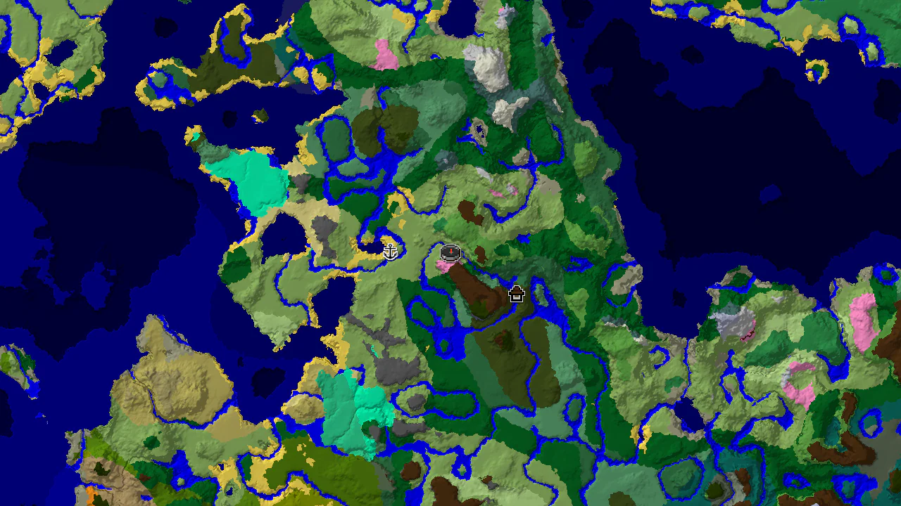 A top-down 2D biome map centered on spawn, showing plains, forests, rivers, and a Woodland Mansion marker to the northeast.