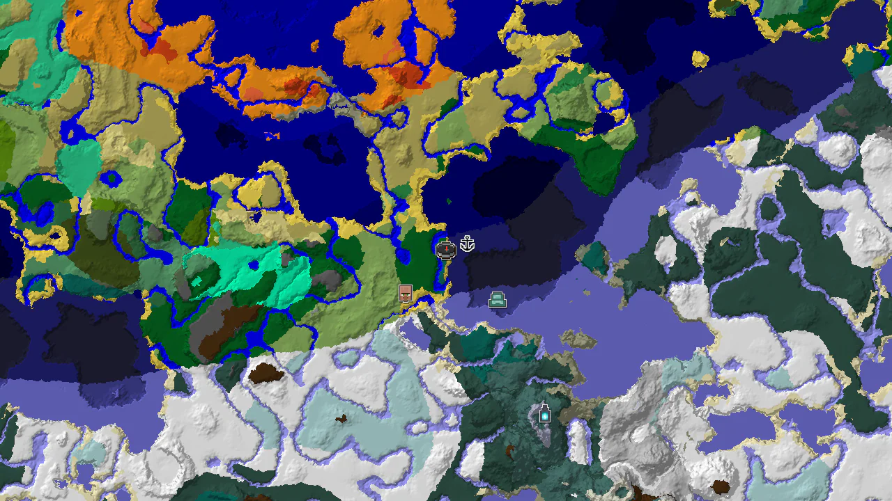 A 2D biome map centered on spawn, showing forest, ocean, and snowy biomes, with markers for a shipwreck, village, and other structures.