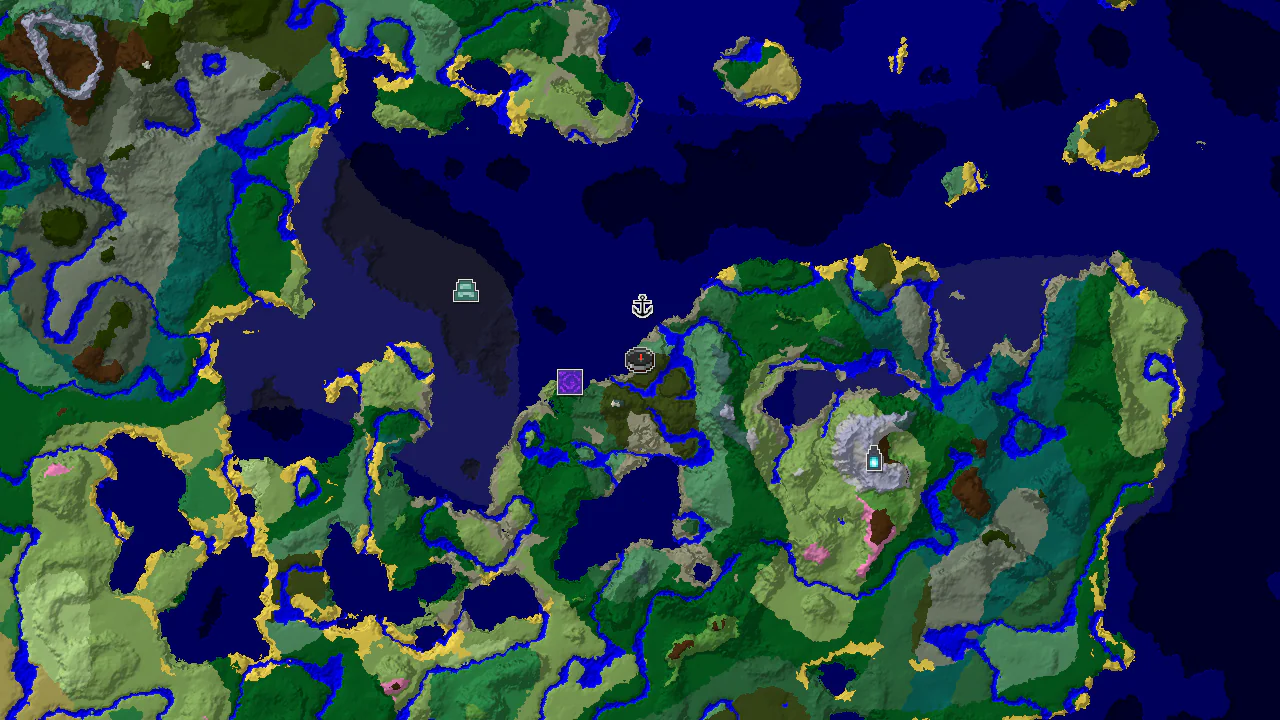 A 2D top-down biome map centered on spawn, showing a dark forest spawn, ocean to the west and south, and markers for a shipwreck and ruined portal.