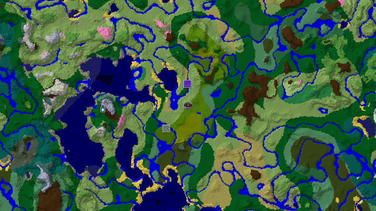 A top-down 2D biome map centered on spawn, showing Sparse Jungle, Plains, and Forest biomes, with markers for a nearby Ruined Portal and Jungle Temple.