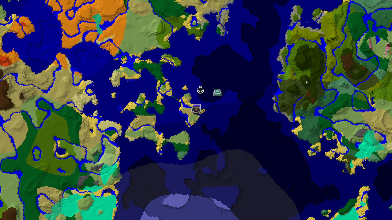 A top-down 2D biome map centered on the spawn point with markers for structures.