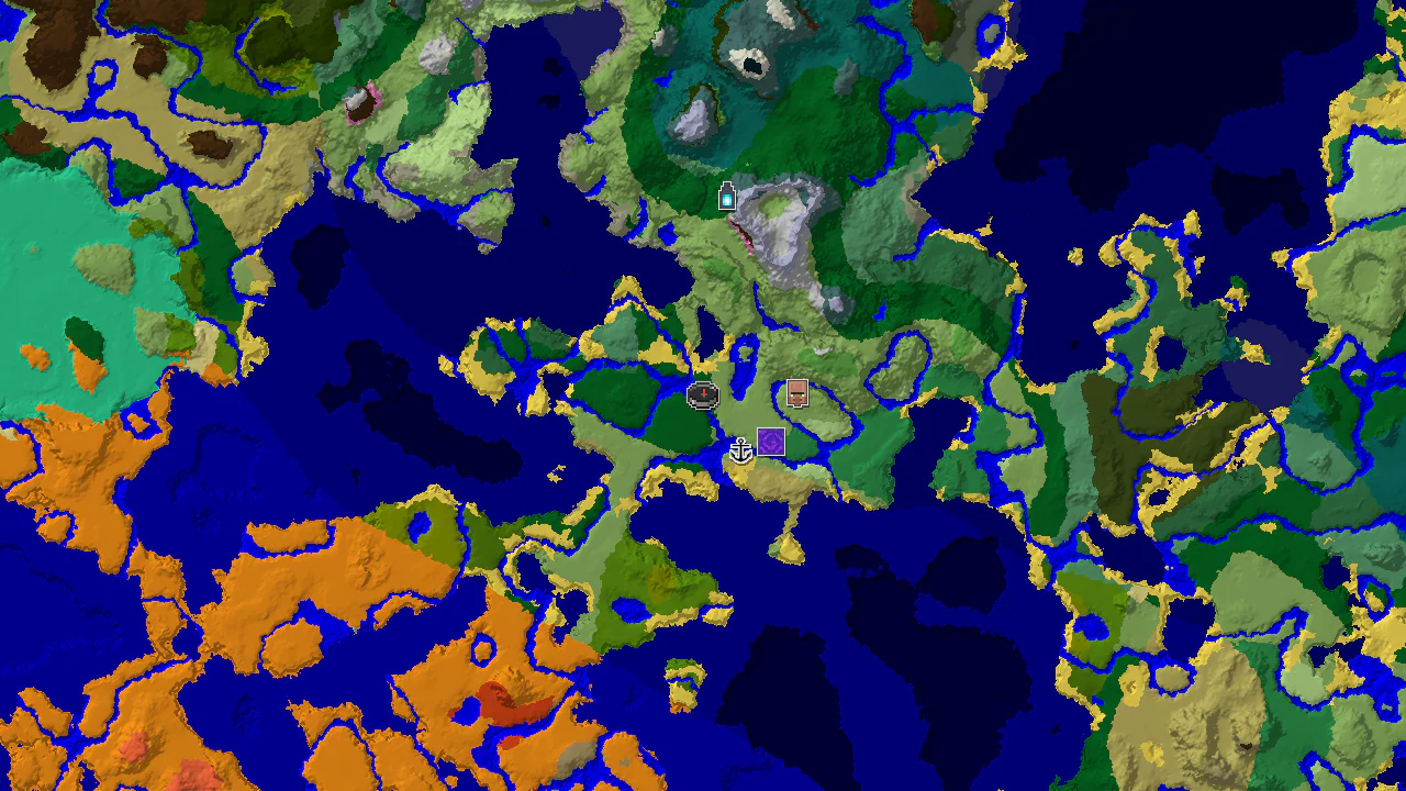 A 2D biome map centered on the spawn point, showing Forest, Plains, and Ocean biomes, along with markers for a village, ruined portal, and shipwreck.