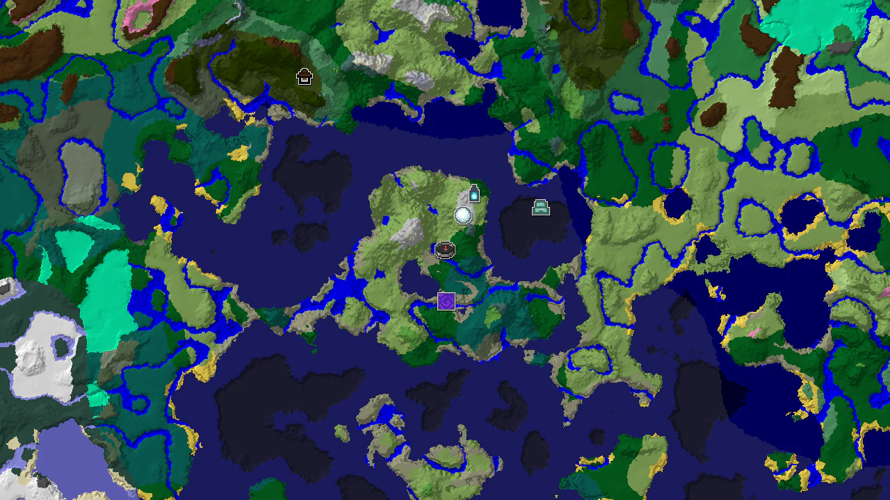 A 2D biome map centered on spawn, showing forest, plains, and cold ocean biomes, with markers for a nearby igloo, ruined portal, and ancient city.