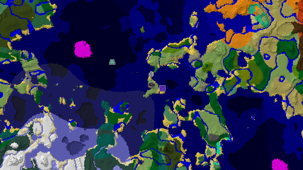 A 2D biome map centered on spawn, showing plains, ocean, and forest biomes, with markers for a ruined portal and a shipwreck.