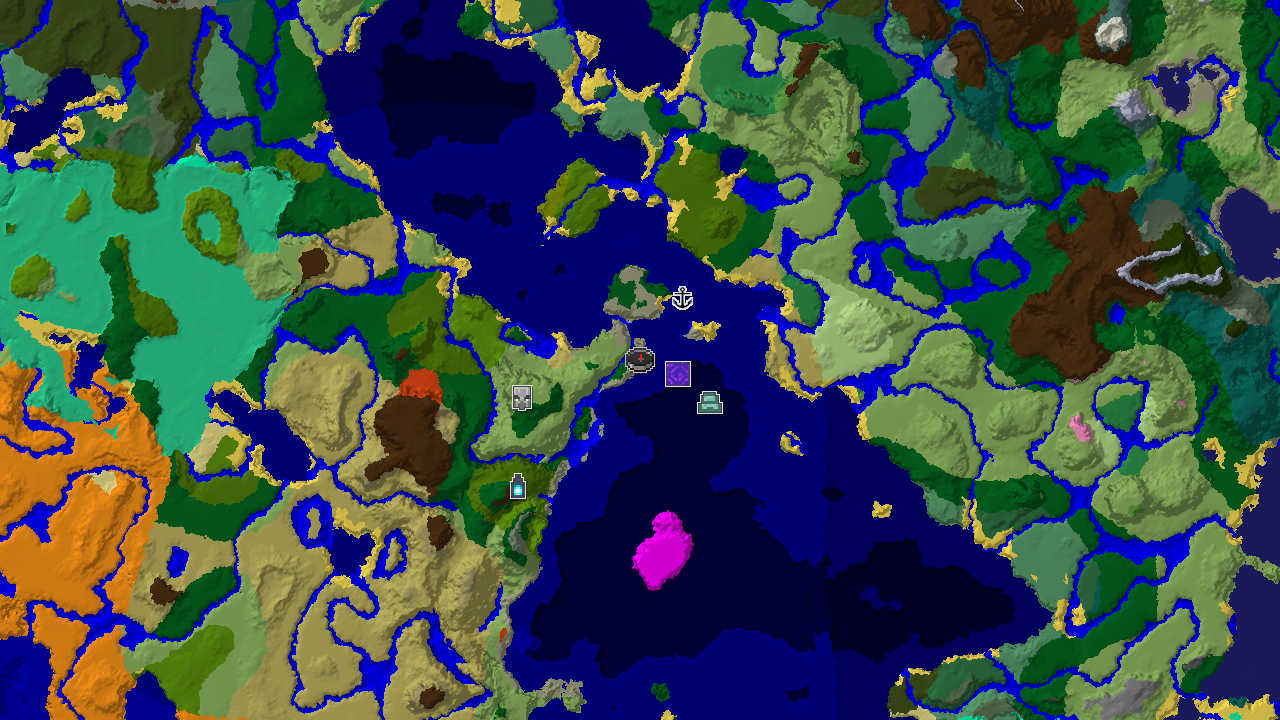 A 2D map of seed 411094943098446955, centered on the Forest spawn, showing nearby biomes like Lukewarm Ocean and Plains, and markers for a Ruined Portal and Shipwreck.