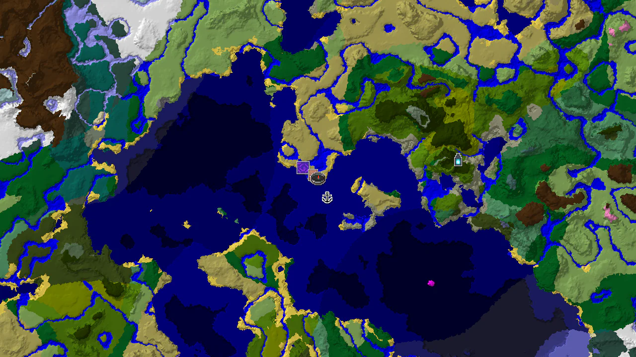 A 2D biome map centered on the spawn point, showing savanna, ocean, and forest biomes with markers for a village and a ruined portal.