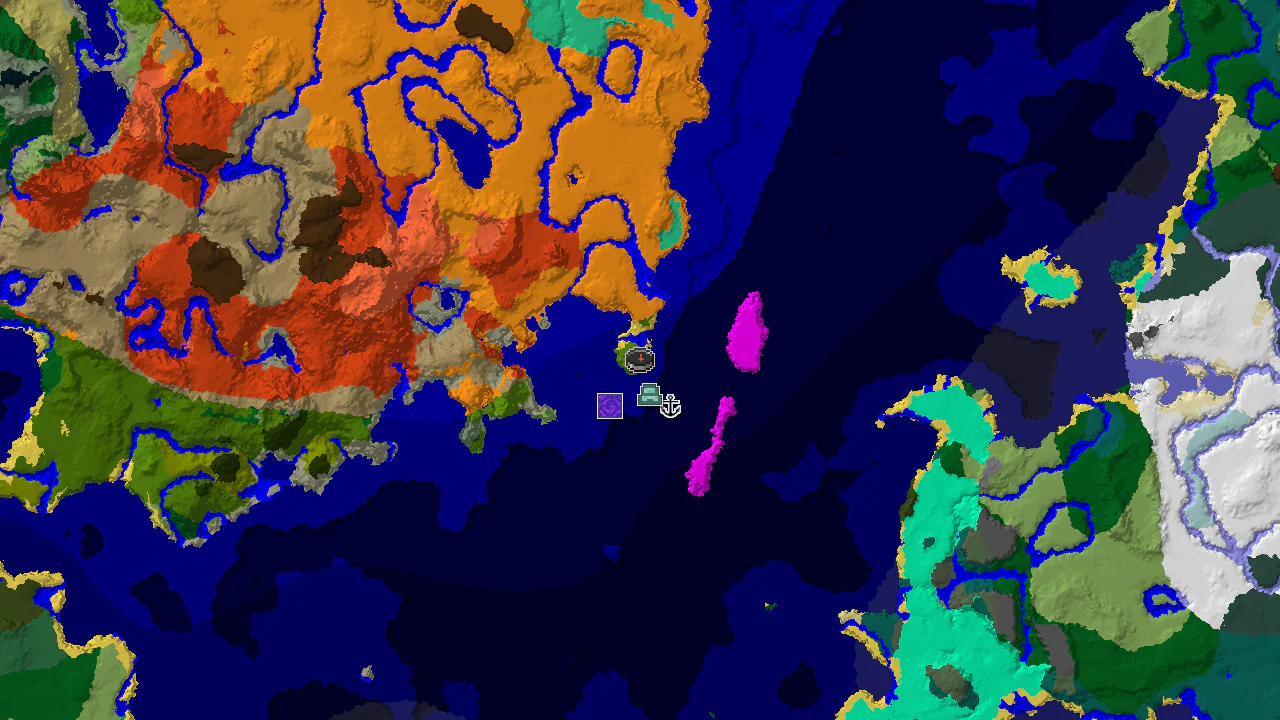 A 2D map of seed 4153955992409769232 centered on the Beach spawn, showing nearby ocean biomes, Desert, Badlands, and markers for an Ocean Monument, Ruined Portal, and Shipwreck.