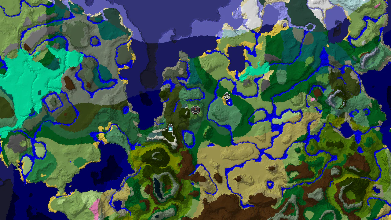 A 2D biome map of seed 4176492483417138237, showing a Birch Forest spawn point and markers for a nearby ancient city and shipwreck.