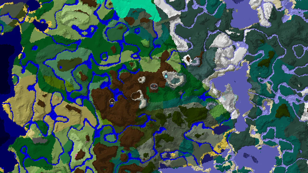 A 2D top-down map centered on spawn, showing a large Forest biome surrounded by diverse mountain biomes, with markers for an Ancient City and a Woodland Mansion.