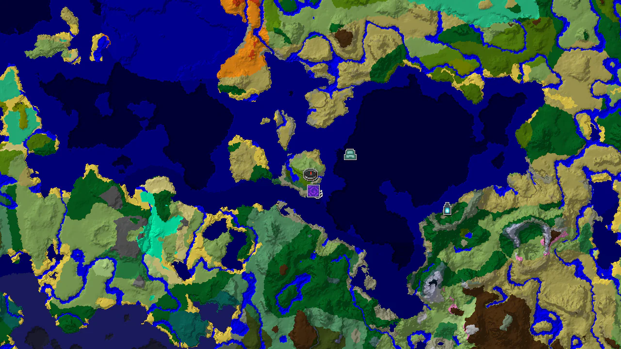 A 2D biome map centered on spawn, showing plains, oceans, and jungles, with markers for a ruined portal, shipwreck, and ocean monument.