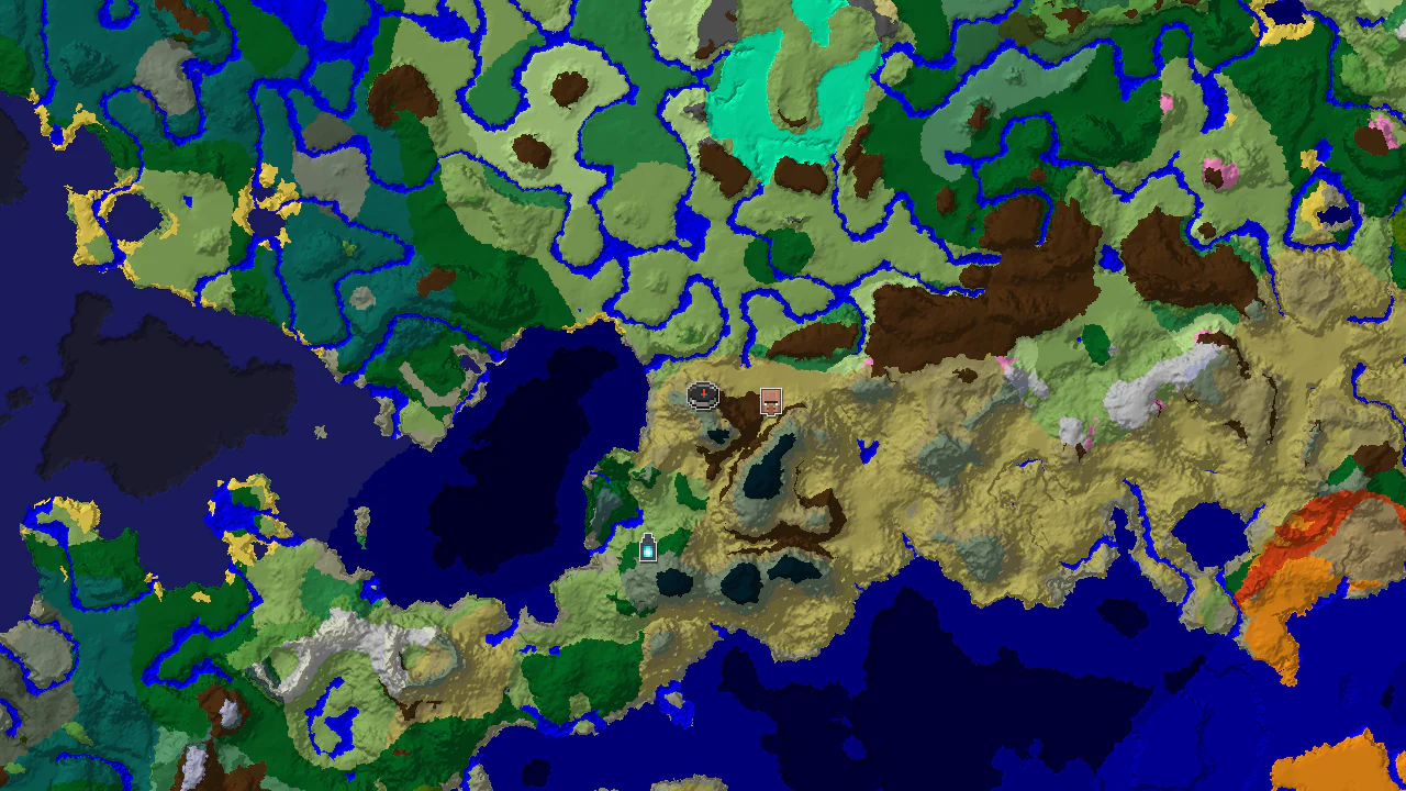 A top-down 2D biome map centered on spawn, showing savanna, plains, and a village marker to the east.