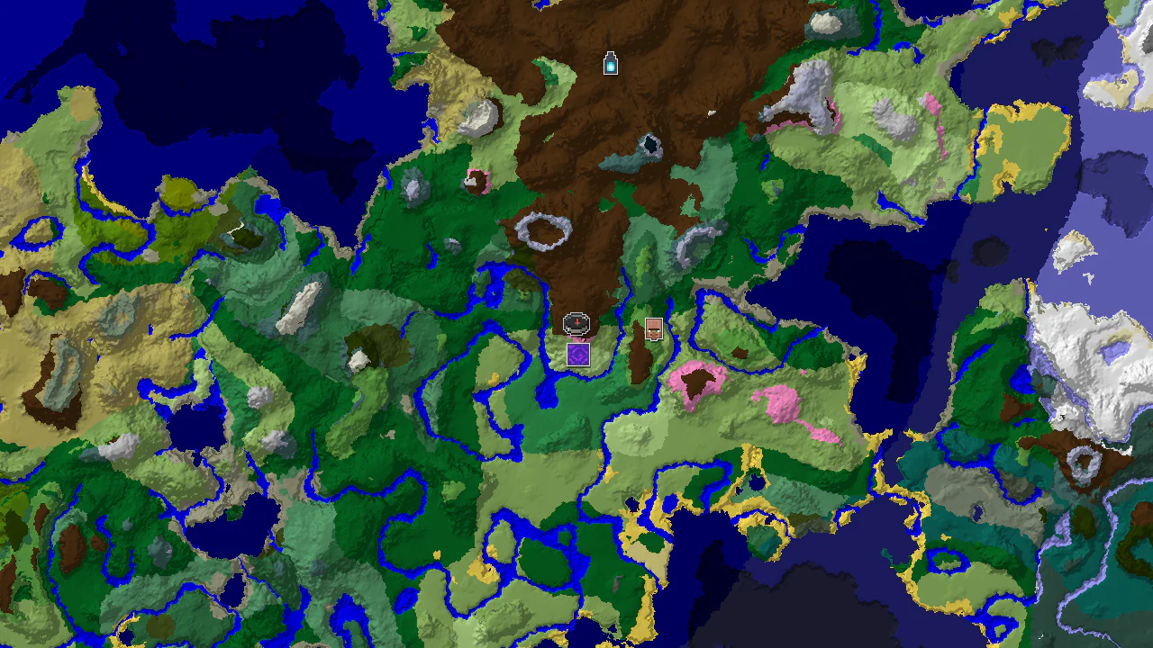 A top-down 2D biome map centered on the spawn point, with markers for a Cherry Grove and a Ruined Portal.