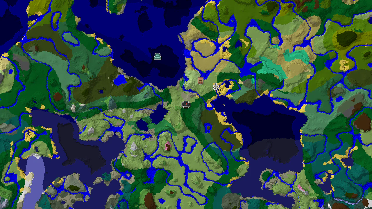 A 2D top-down biome map centered on the spawn point, showing nearby biomes and markers for the closest structures.