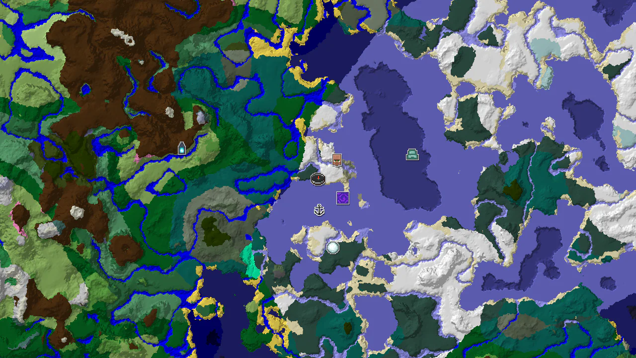 A 2D top-down biome map centered on the spawn point, showing nearby snowy biomes and markers for a village and ruined portal.