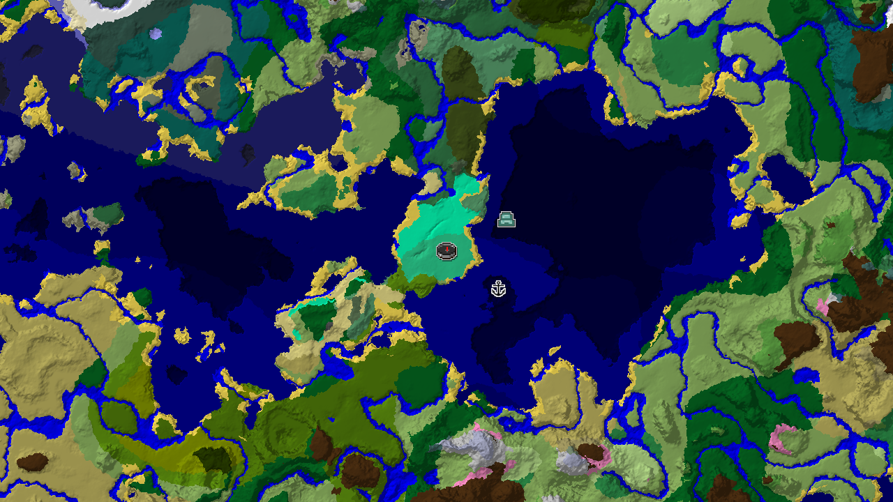 A 2D biome map centered on spawn, showing a large Mangrove Swamp with markers for a Shipwreck and an Ocean Monument.