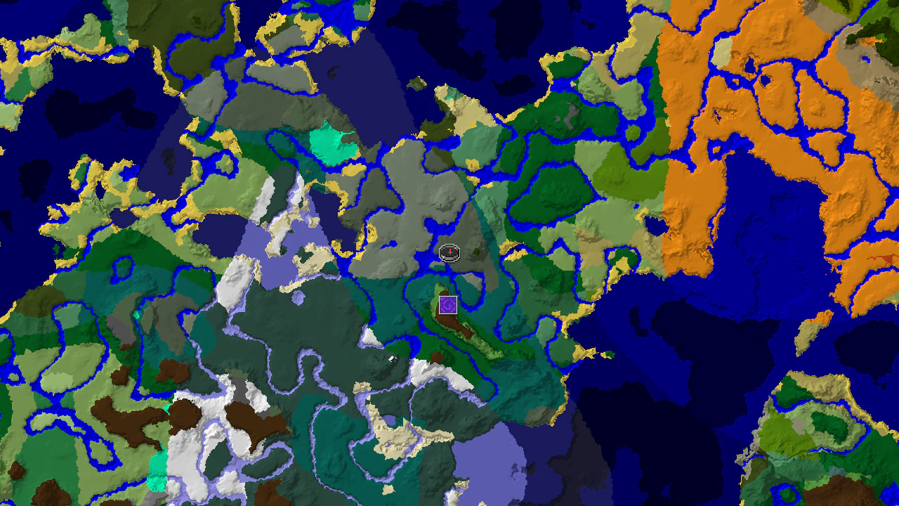 A 2D biome map centered on spawn, showing Old Growth Pine Taiga with a marker for a Ruined Portal to the northeast.