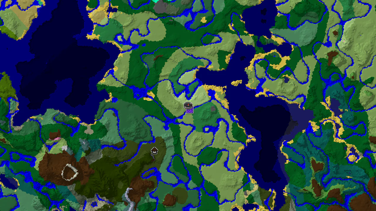 A top-down 2D biome map centered on spawn, showing a spawn marker and markers for a Ruined Portal and Woodland Mansion.