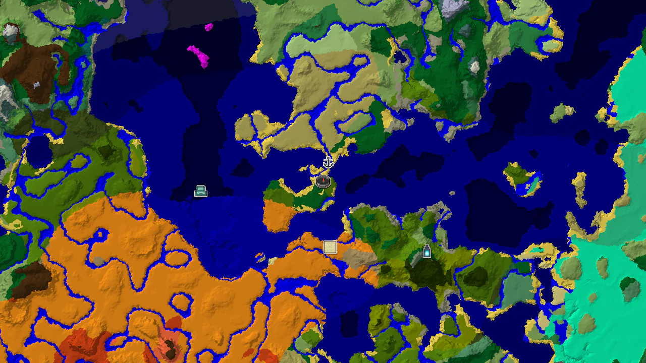 A 2D top-down biome map centered on the spawn point, showing jungle, ocean, and desert biomes with markers for a shipwreck and desert pyramid.