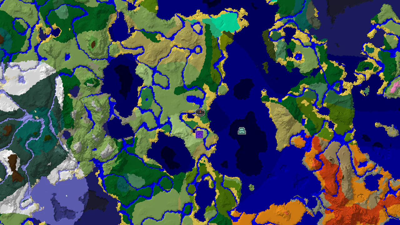 A 2D biome map centered on the spawn point, showing various biomes and markers for nearby structures.