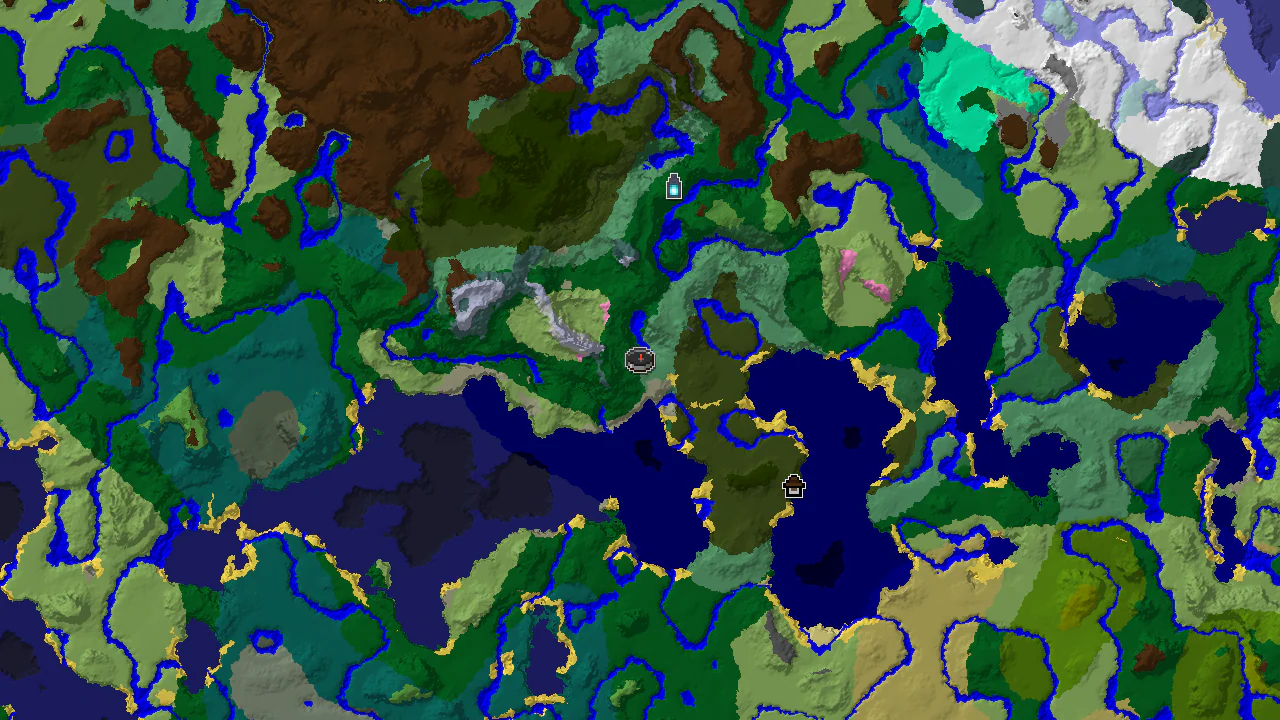 A 2D biome map centered on spawn, showing a Forest biome with nearby Dark Forest and Ocean, and markers for an Ancient City and Woodland Mansion.