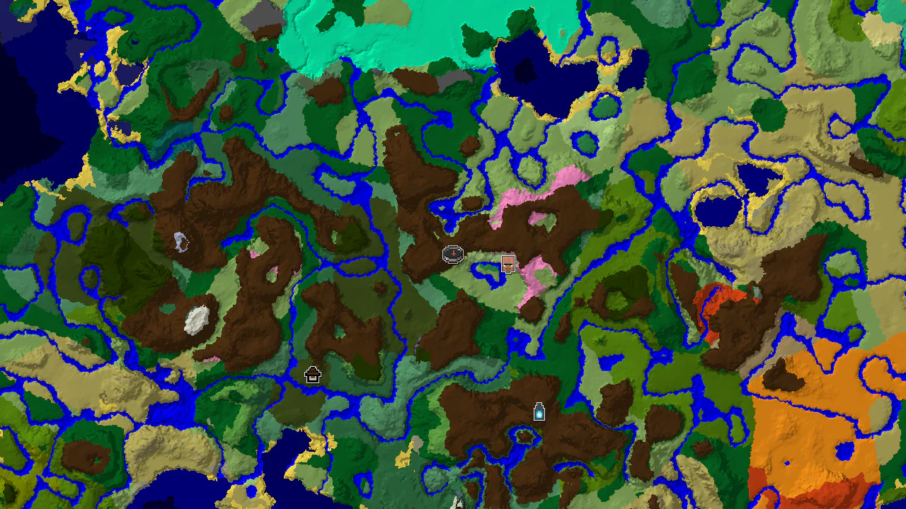 A top-down 2D biome map centered on spawn, showing a Cherry Grove biome at the center with nearby plains, forest, and river biomes. Structure markers indicate a village, woodland mansion, and ancient city.