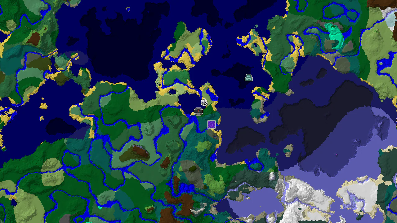 A 2D biome map centered on spawn, showing a varied island surrounded by ocean, with markers for a shipwreck and a ruined portal.