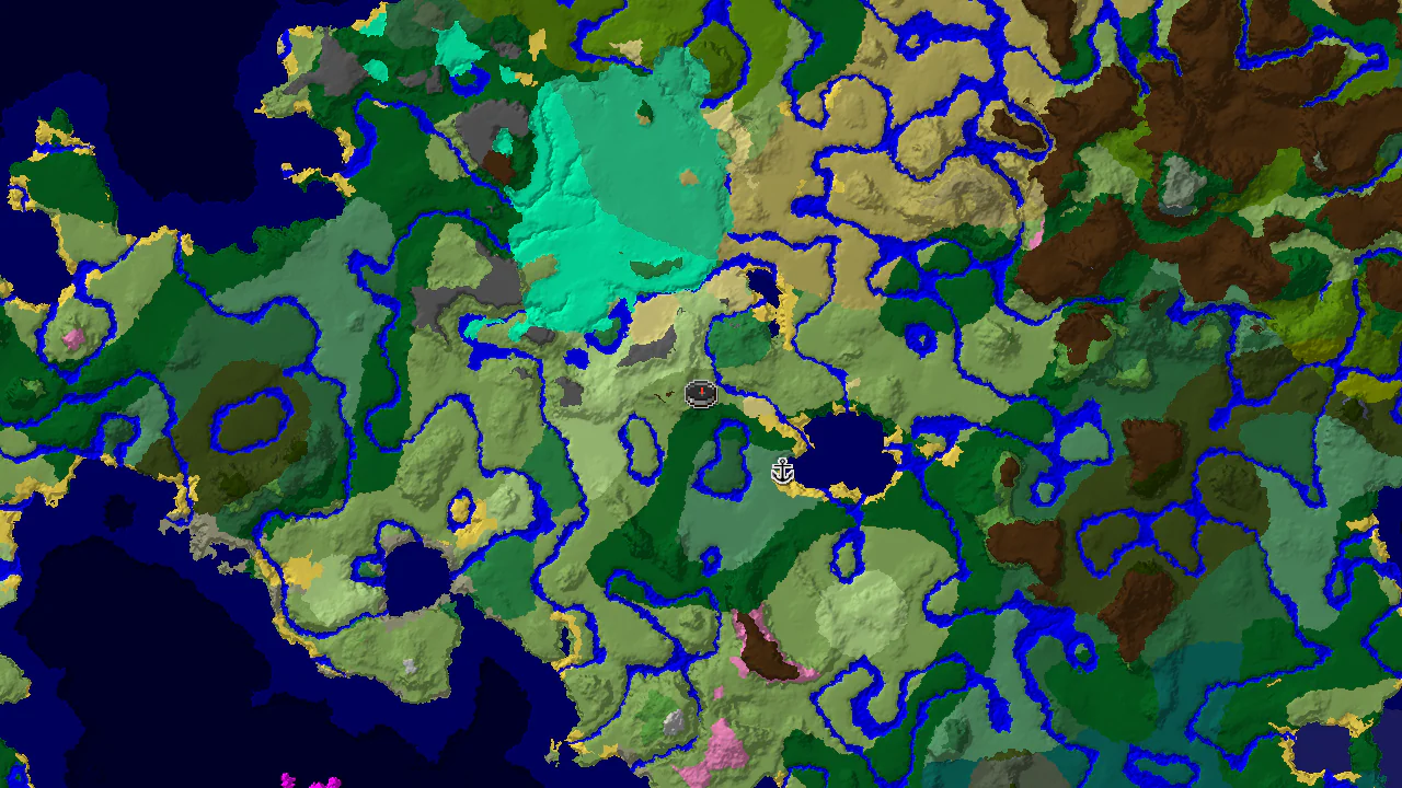 A 2D biome map centered on spawn, showing a varied landscape including Plains, Forest, River, and a Flower Forest, with a shipwreck marker to the southeast.