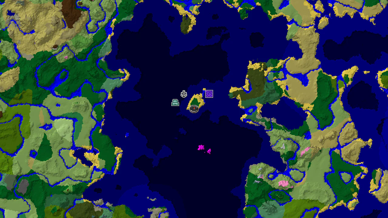 A top-down 2D biome map centered on spawn, showing a large deep ocean with nearby forest and beach areas, and markers for an ocean monument and a shipwreck.