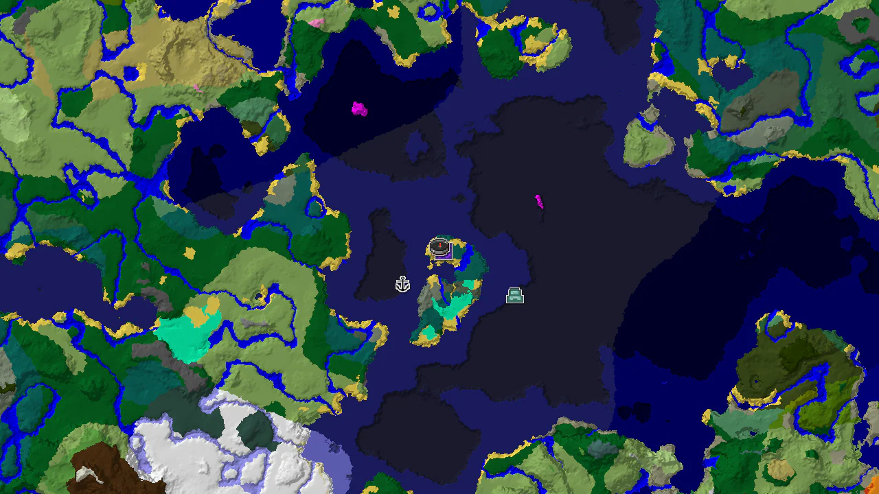 A 2D map of Minecraft biomes centered on spawn, showing a Taiga spawn with nearby ocean and a ruined portal.