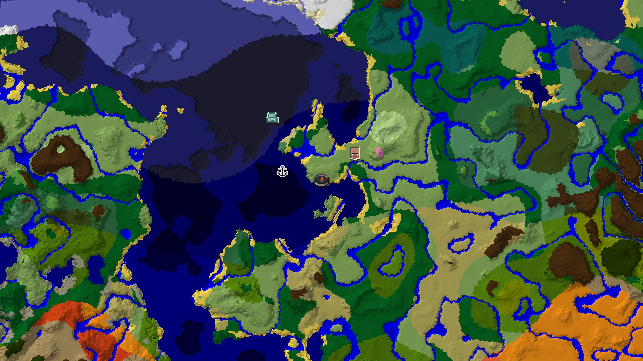 A top-down 2D biome map centered on spawn, showing plains, ocean, and forest biomes with markers for a nearby village and shipwreck.