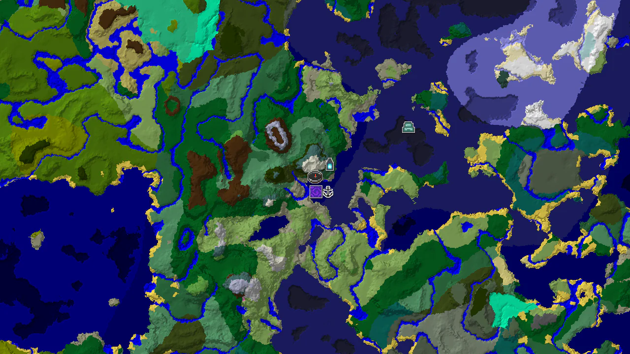 A 2D top-down biome map centered on spawn, showing Birch Forest, Ocean, and Jagged Peaks biomes, with markers for a Ruined Portal and an Ancient City.