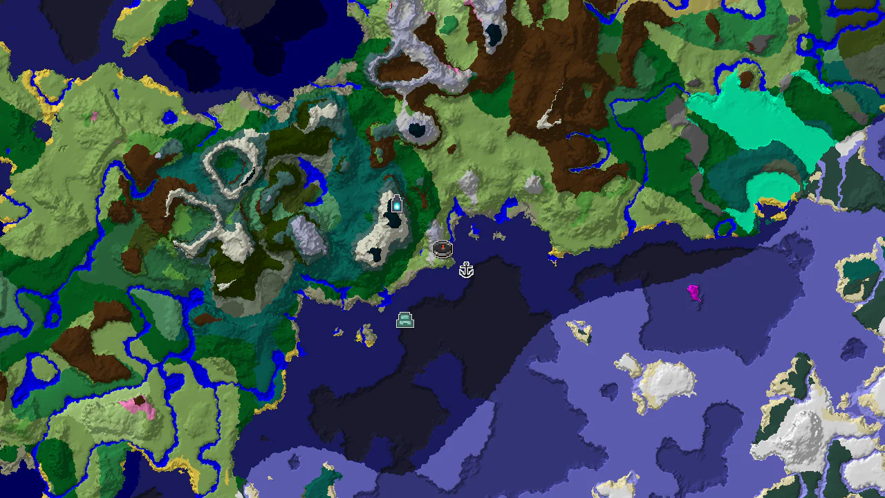 A 2D biome map centered on spawn, showing snowy slopes, cold oceans, and markers for nearby structures including an ancient city and shipwreck.