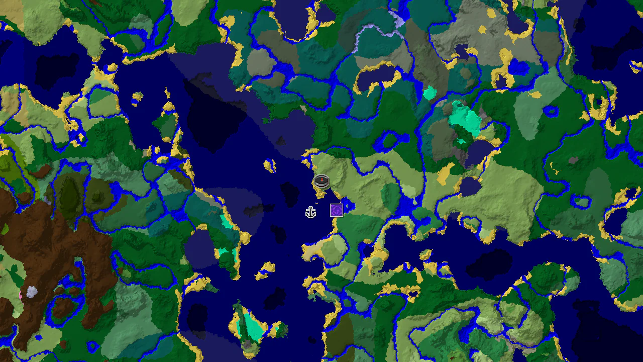 A 2D biome map centered on the spawn point, showing plains, ocean, and forest biomes with markers for nearby structures.