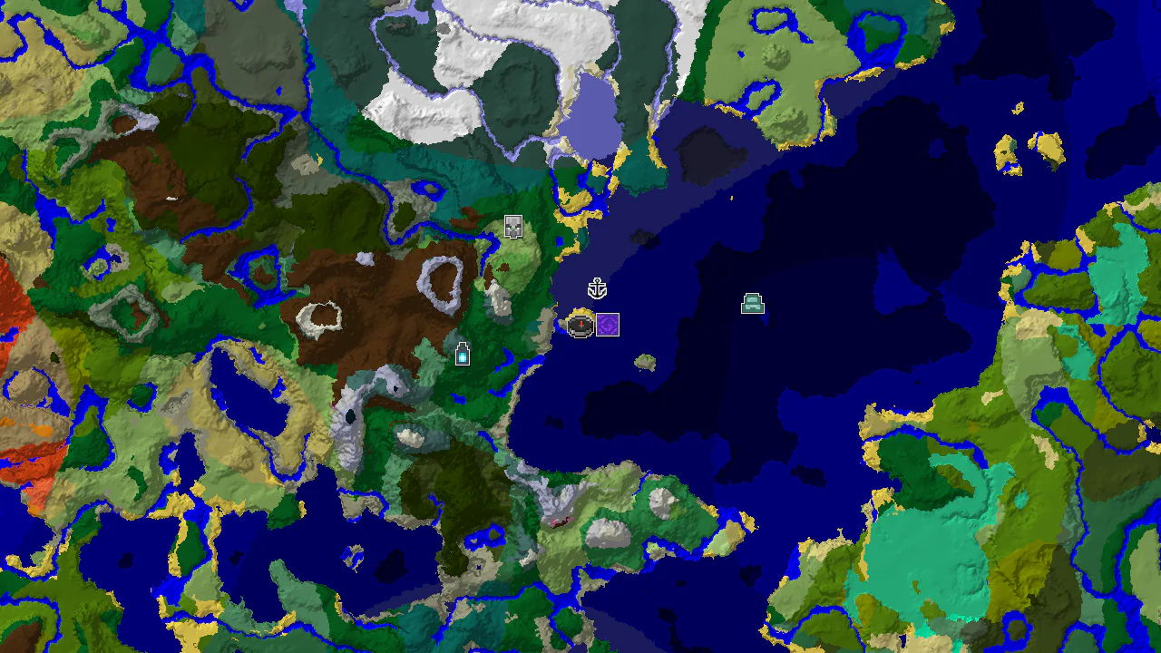 A 2D top-down biome map centered on the spawn point, showing nearby Beach, Ocean, and Stony Shore biomes, with markers for a Ruined Portal, Shipwreck, and Ancient City.