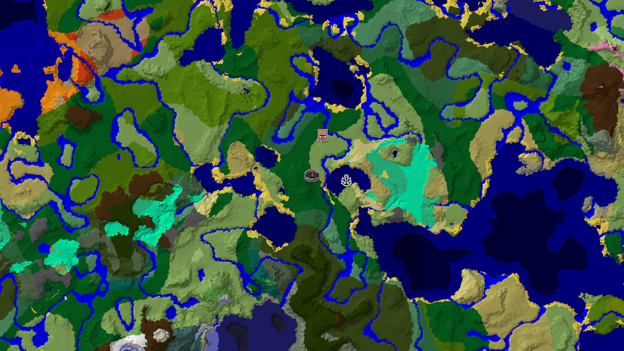 A top-down 2D biome map centered on spawn, showing a diverse landscape including forest, plains, river, and ocean, with markers for a village and a shipwreck.