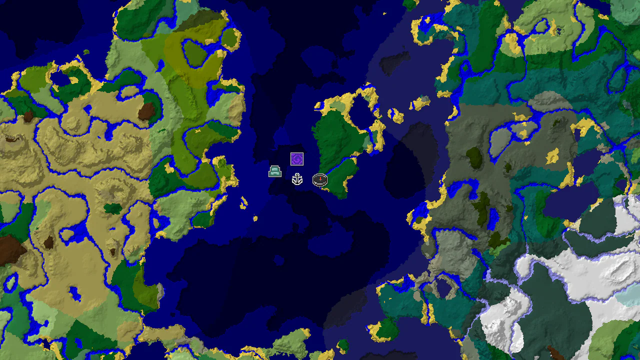 A 2D biome map centered on spawn, showing nearby ocean biomes, an Ocean Monument, and a Shipwreck.