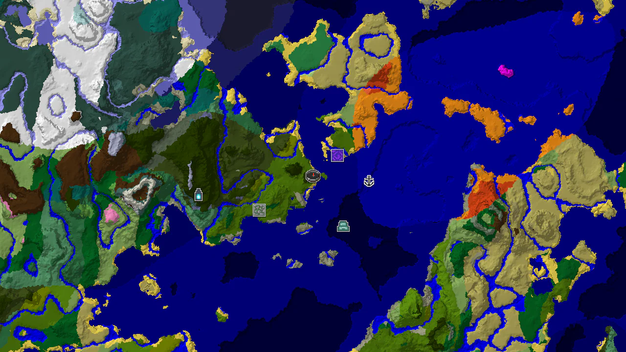 A 2D top-down biome map centered on the spawn point in a jungle, showing nearby structures including a ruined portal.