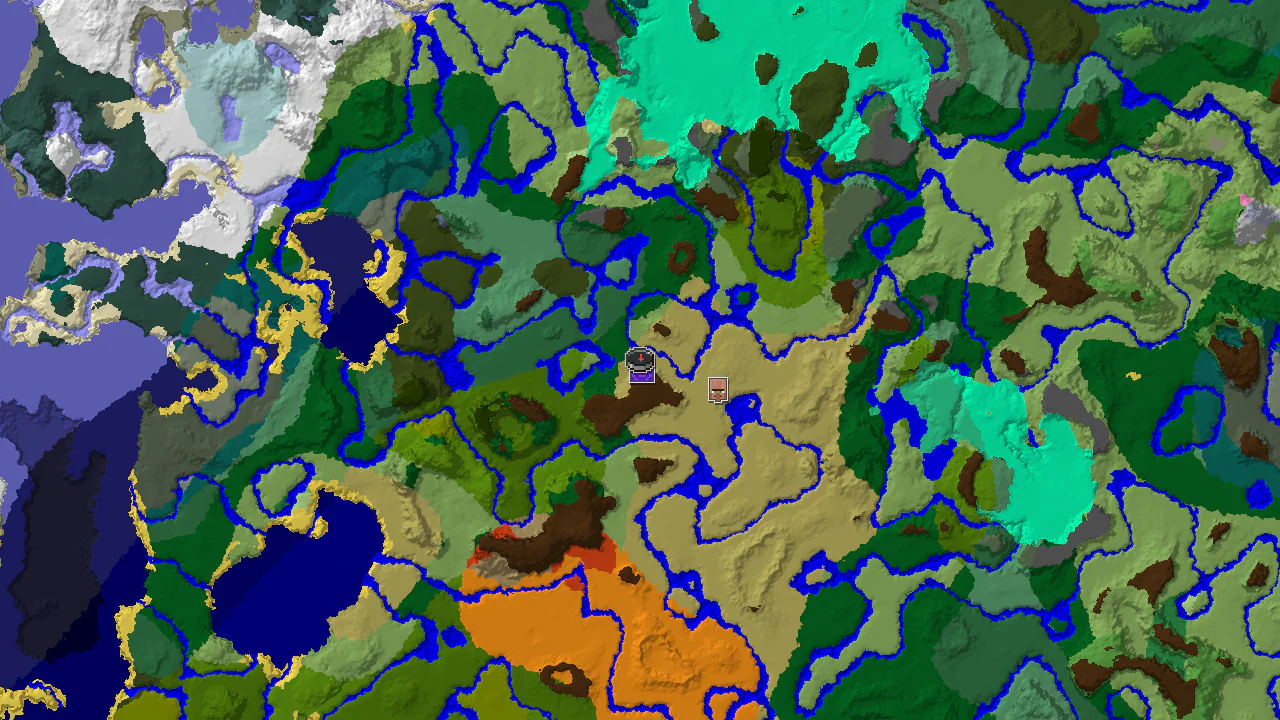 A 2D biome map centered on the spawn point, showing Savanna, Forest, and Plains, with markers for a Ruined Portal and an abandoned Village.