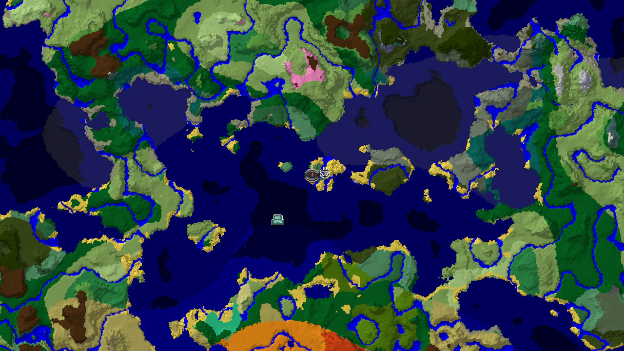 A 2D biome map centered on spawn, showing Old Growth Birch Forest, Ocean, and River biomes, with markers for a Shipwreck and an Ocean Monument.