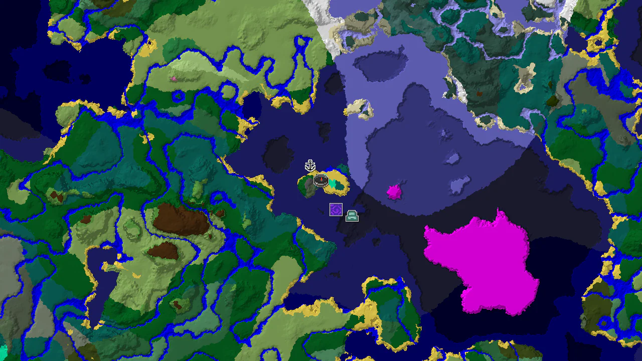 A top-down 2D biome map centered on spawn, showing nearby Cold Ocean, Beach, and Forest biomes, with markers for a Shipwreck, Ruined Portal, and Ocean Monument.