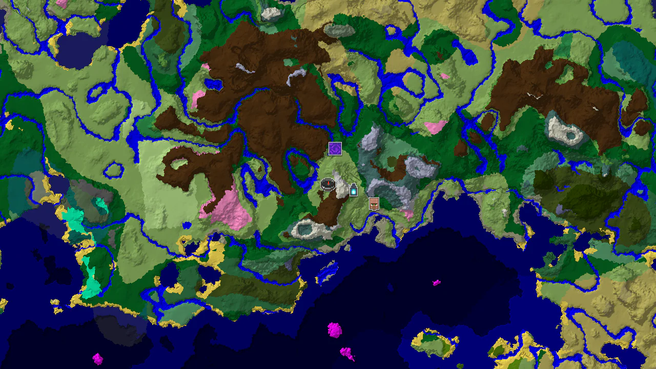 A 2D biome map centered on spawn, showing plains, mountains, and forest, with markers for a village, ruined portal, and ancient city.