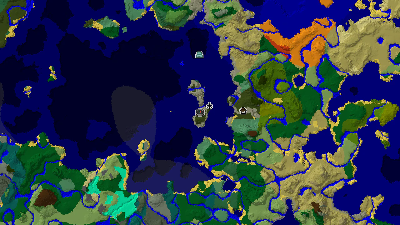 A top-down 2D biome map centered on spawn, showing a Dark Forest surrounded by Ocean and River biomes, with markers for a nearby shipwreck and a Woodland Mansion.