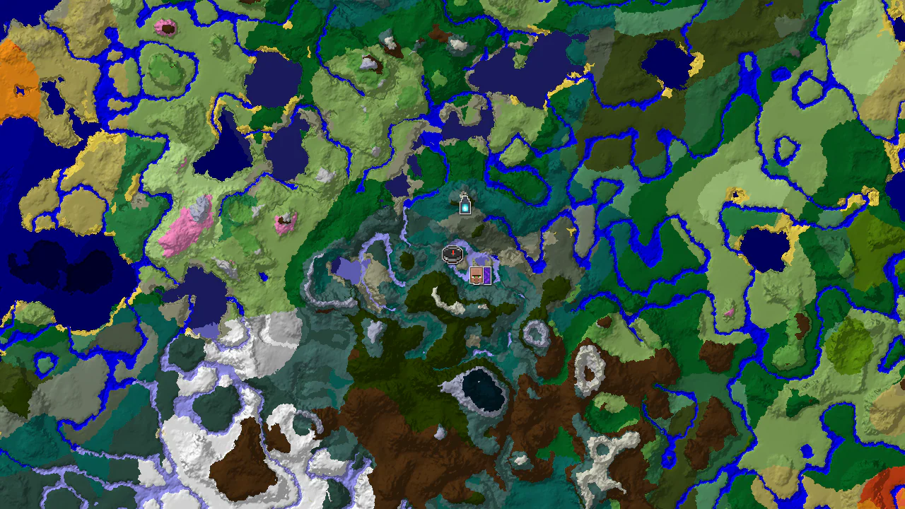 A top-down 2D biome map centered on spawn, showing Taiga, Grove, and Stony Shore, with markers for a village, ruined portal, and ancient city.