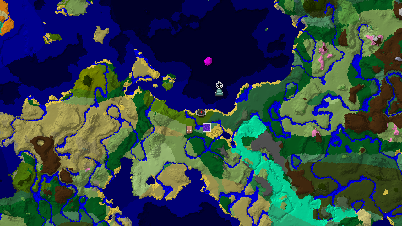A 2D biome map centered on spawn, showing a jungle biome at the center with a nearby ocean monument and ruined portal.