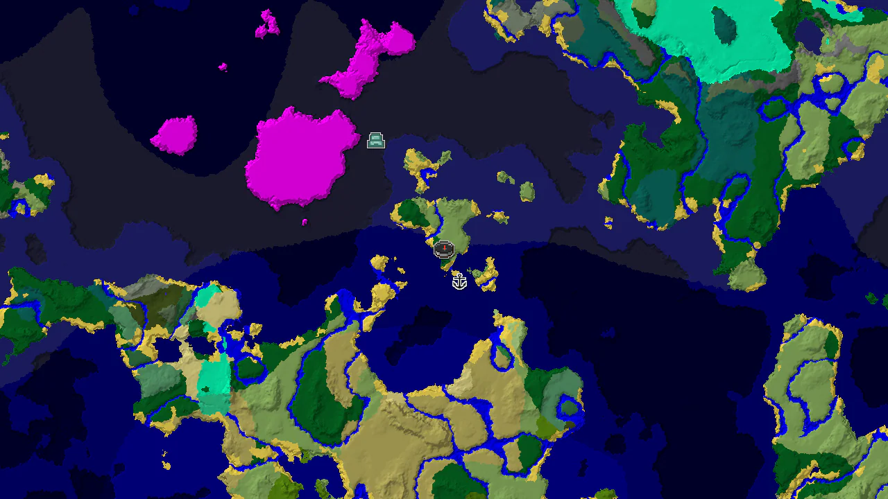 A top-down 2D biome map centered on spawn, showing a Forest island with an Ocean surrounding it, and markers for a shipwreck and other structures.