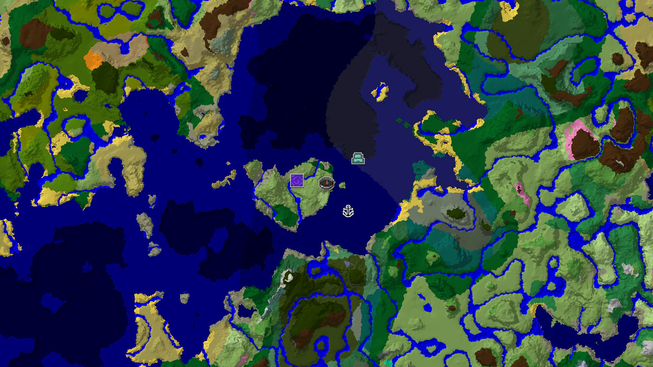 A top-down 2D biome map centered on spawn, showing plains, oceans, and markers for a ruined portal, shipwreck, and ocean monument.