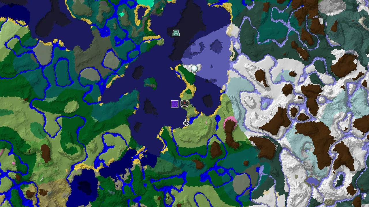A 2D top-down biome map centered on spawn, showing plains, cold ocean, and forest biomes, with markers for a ruined portal and shipwreck.
