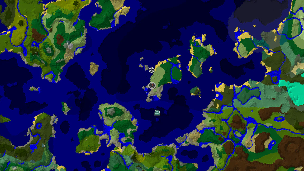 A 2D top-down biome map centered on the spawn point, showing Plains, Ocean, and Lukewarm Ocean biomes, with markers for a Shipwreck and an Ocean Monument.