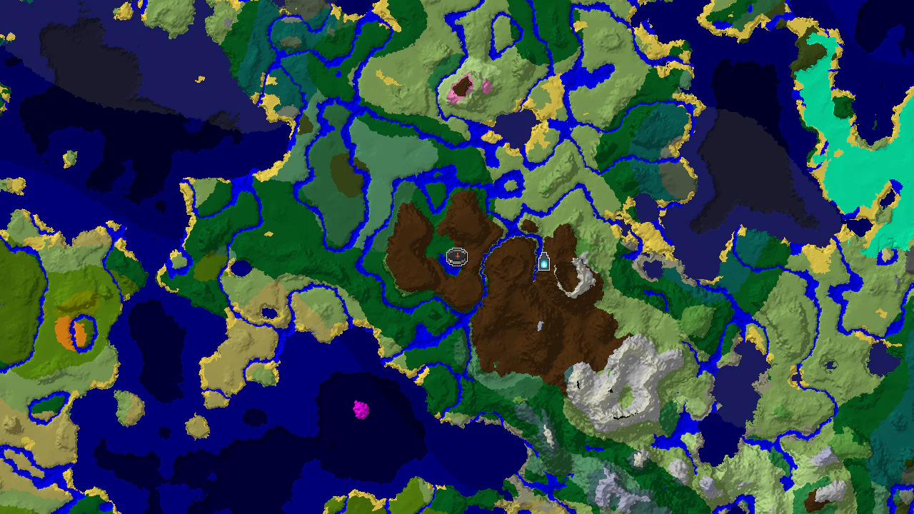 A top-down 2D biome map centered on spawn, showing a forest spawn with nearby plains, river, and meadow biomes, and a marker for an Ancient City to the east.