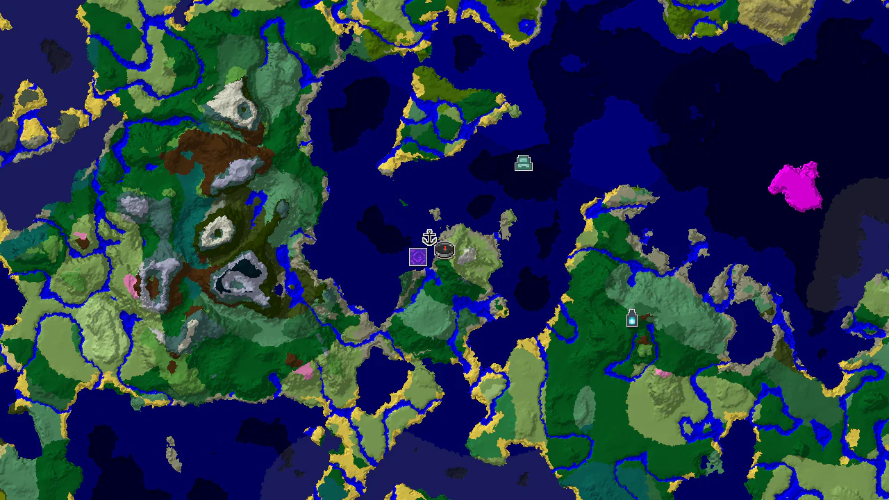 A 2D map centered on spawn, showing a Stony Shore next to Ocean and Forest, with markers for a Ruined Portal and a Shipwreck.